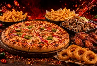 12" Pizza, 2 Chips, Donner Meat Tray, 5 Chicken Wings and Onion Rings